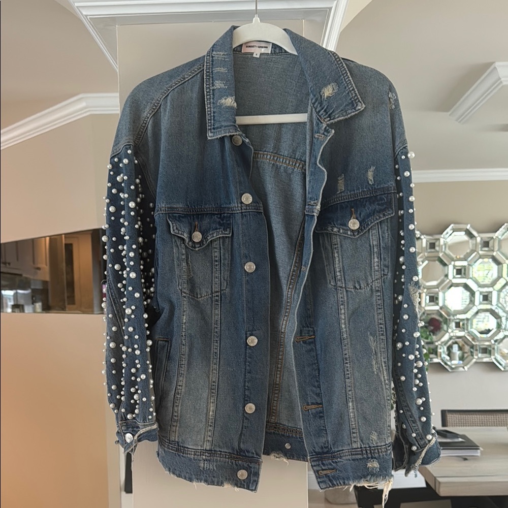 Sunset +Spring Pearl Embellished Denim Jacket